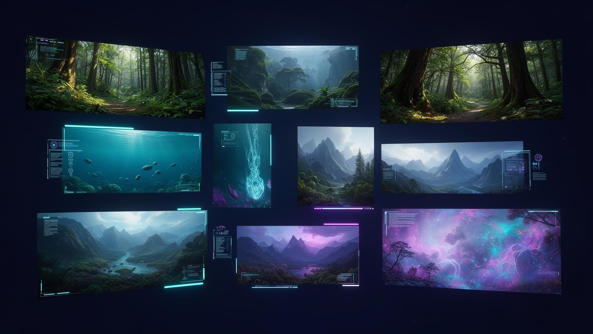AI-generated 360° and XR environment tiles floating in a deep-tech preview